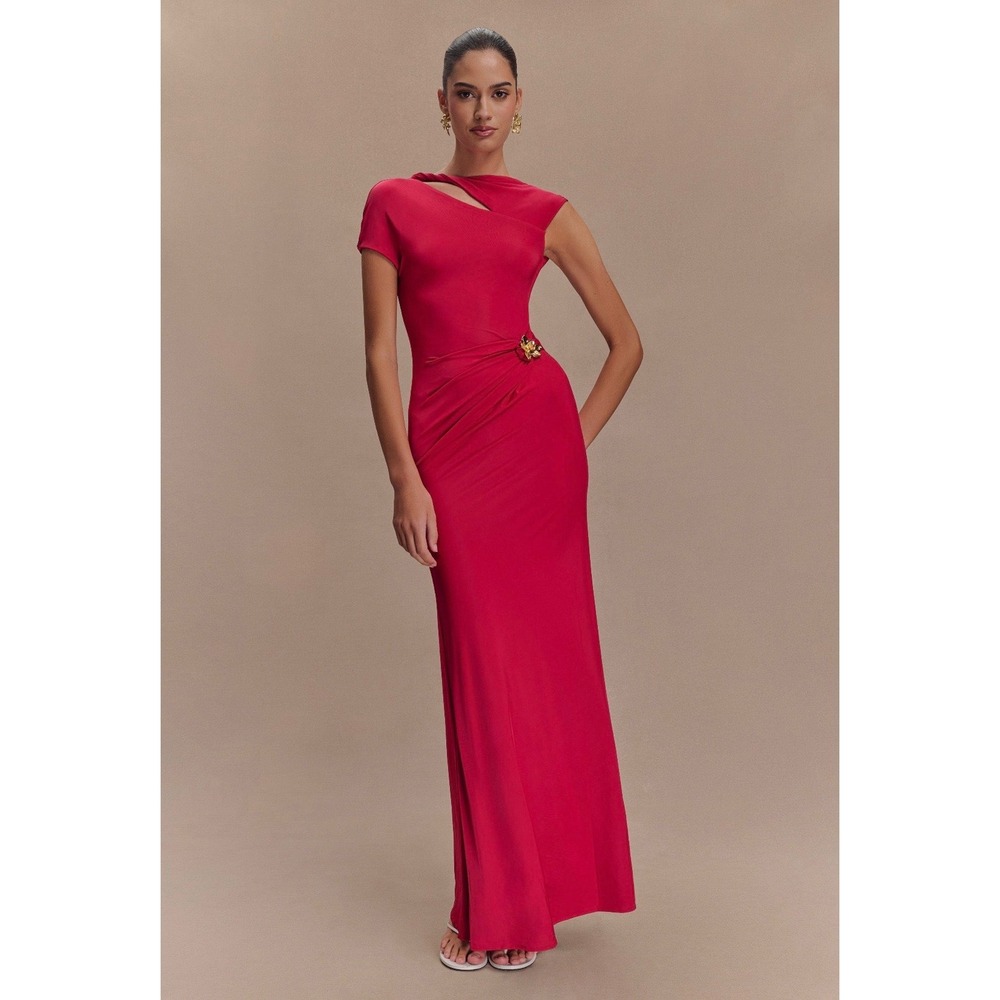 MESHKI Kaida Slinky Maxi Dress Red Asymmetric Cutout Floral Detail Size S